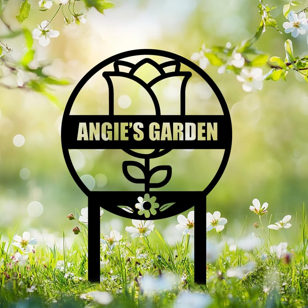 Personalized Metal Garden Flower Sign with Stakes,Custom Outside Gardening Gifts Decor for Mother's Day Housewarming,Customized Gardener Name Signs Plaque for Yard Lawn Patio Outdoor Decoration Art