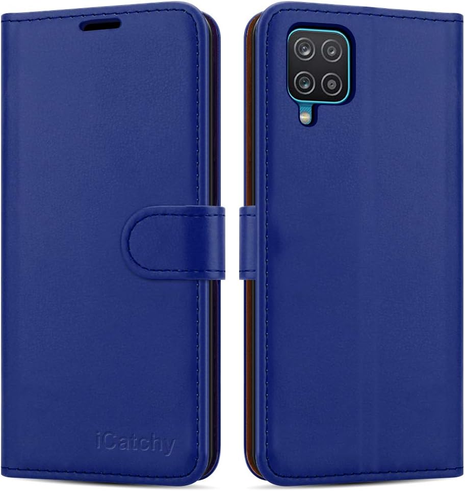 iCatchy For Samsung Galaxy A12 Case Leather Wallet Book Flip Folio Stand View Cover with Card Slots Compatible with Galaxy A12 5G (6.5'') (Blue)