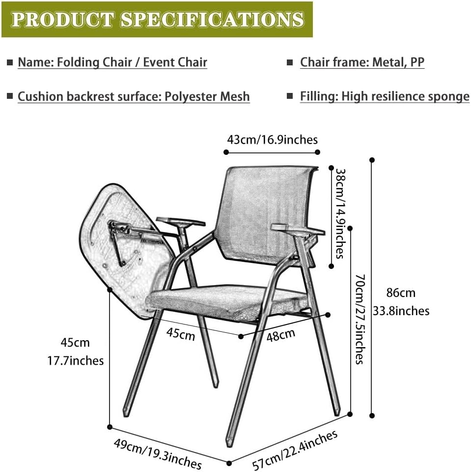 Folding Chair Folding Chairs Bulk Office Single Useful Armchair, Training Institution Folding Chair, Ergonomic Commercial Chair, with Extra Large Writing Board (Color : Grey, Size : 49 * 57 * 86cm)