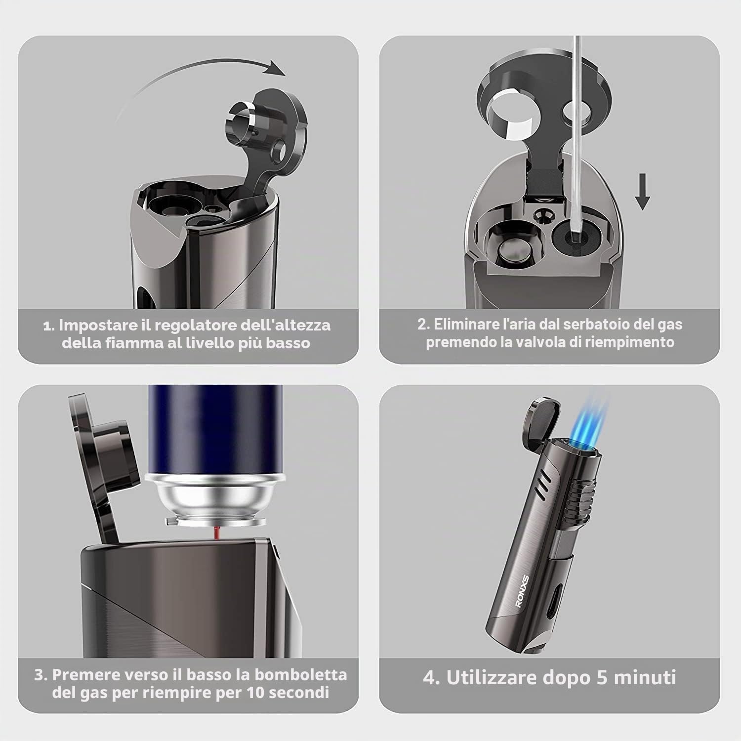 RONXS 2 in 1 Accendino Antivento, Accendino per Sigaro 3 Jet Flame Prevenire il Vento con il Punch al Sigaro, Accendino a Gas Butano Ricaricabile (Venduto Senza Gas)