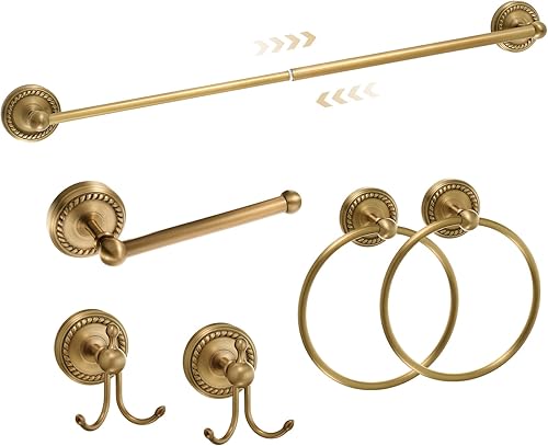 Miniatura 9 de Juego de 4 Piezas de Accesorios de Baño de Latón Antiguo Dorado Montados en la Pared Toallero y Anillo para Toallas y Portapapel Higiénico y Gancho