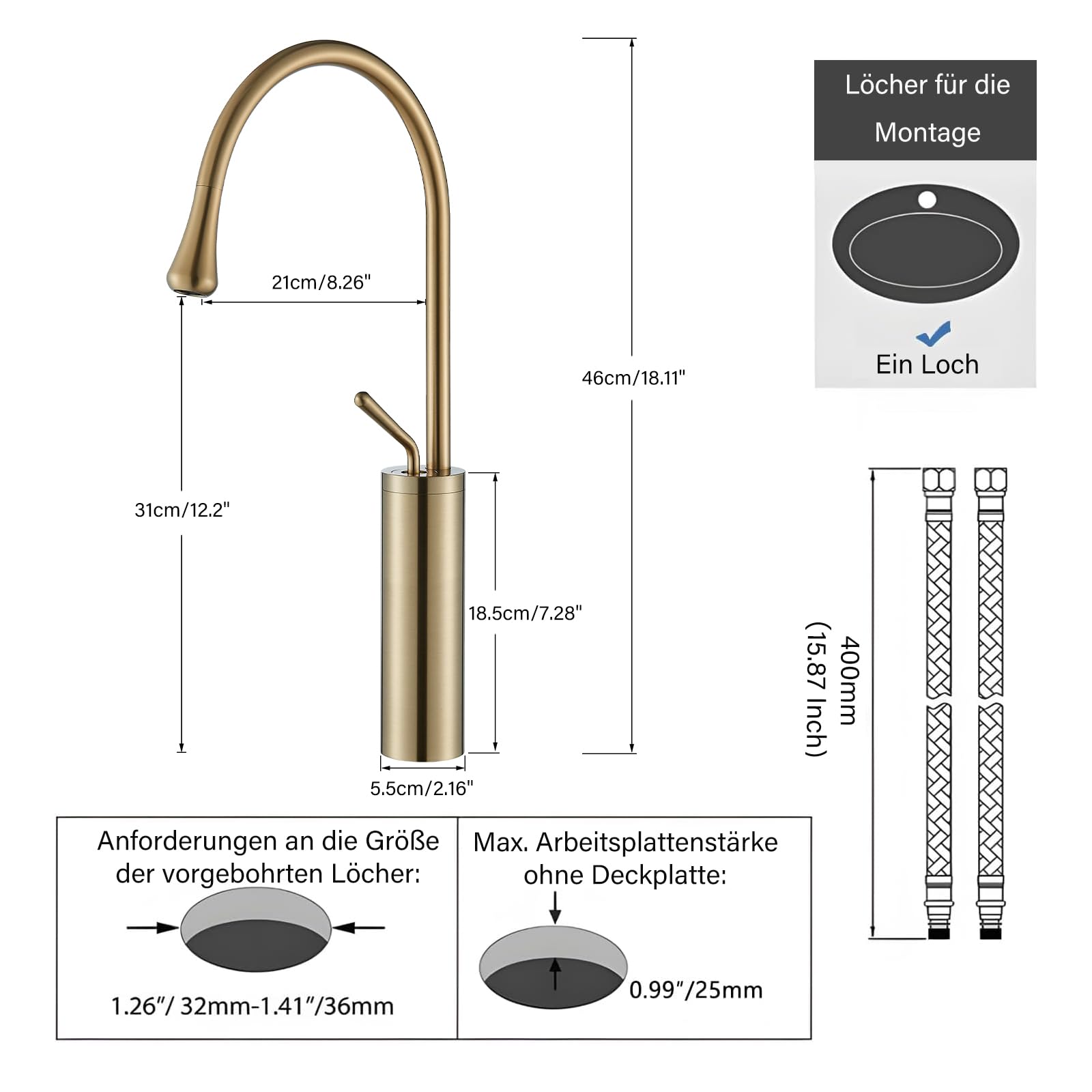 Wasserhahn Bad Waschtischarmatur Gebürstet Gold Einhandmischer Armatur Wasserhahn Waschbecken Einhebel Hochdruck Heiß und Kaltmischer Mischbatterie für Badezimmer Edelstahl