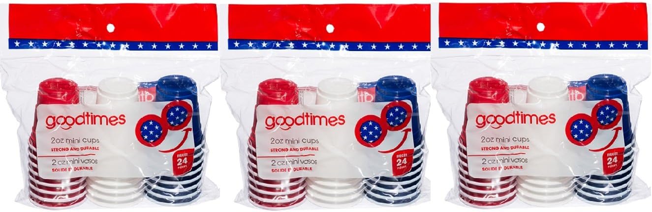 Goodtimes 2 ounce mini party cups (3 packs of 24 cups=72 2 ounce cups) perfect size for liquor shots, Jello shots, 4th of July Parties, serving condiments (combo red/white/blue)