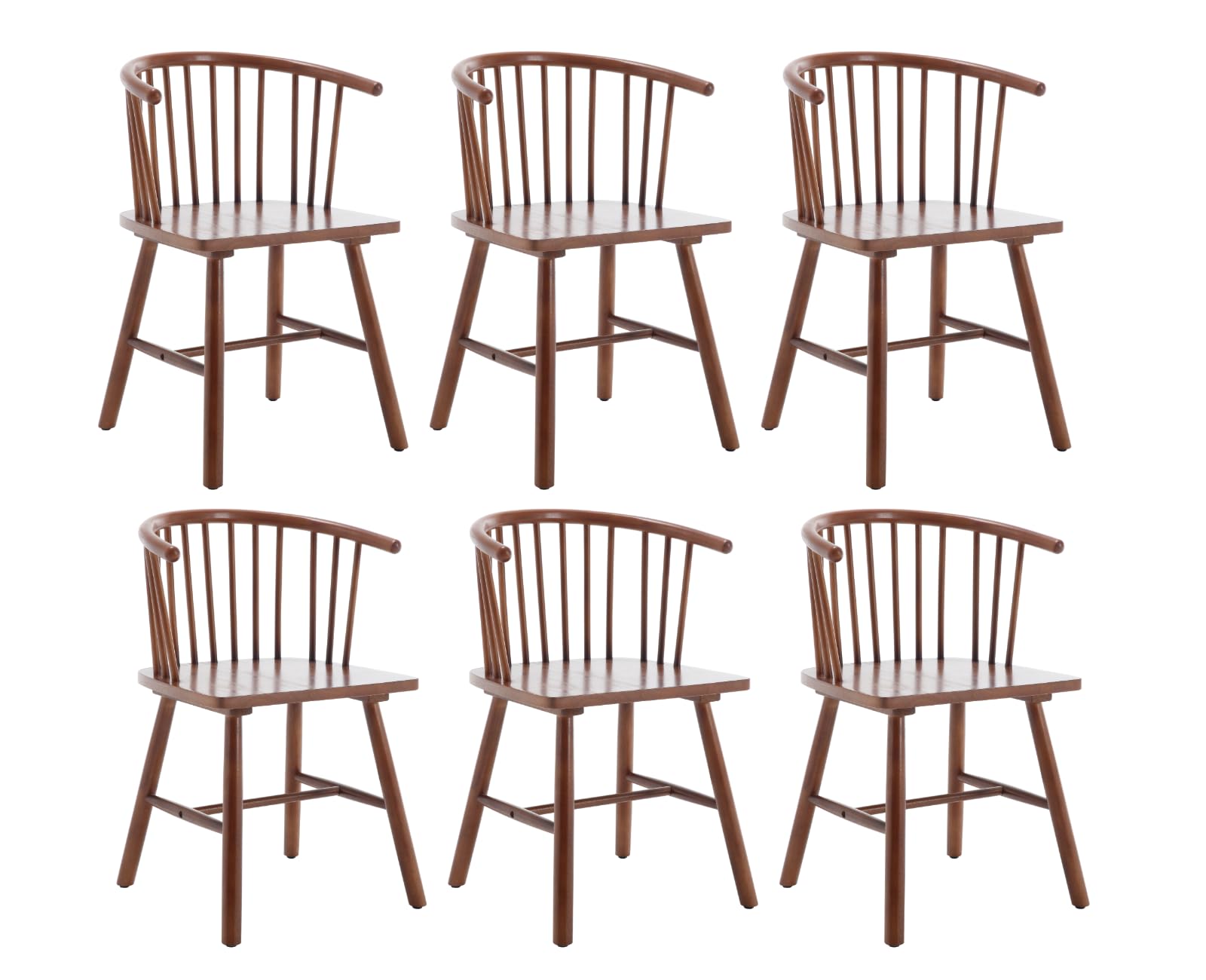 Walnut Dining Chairs Set 6 Farmhouse Spindle Arms Curved Back Windsor Brown