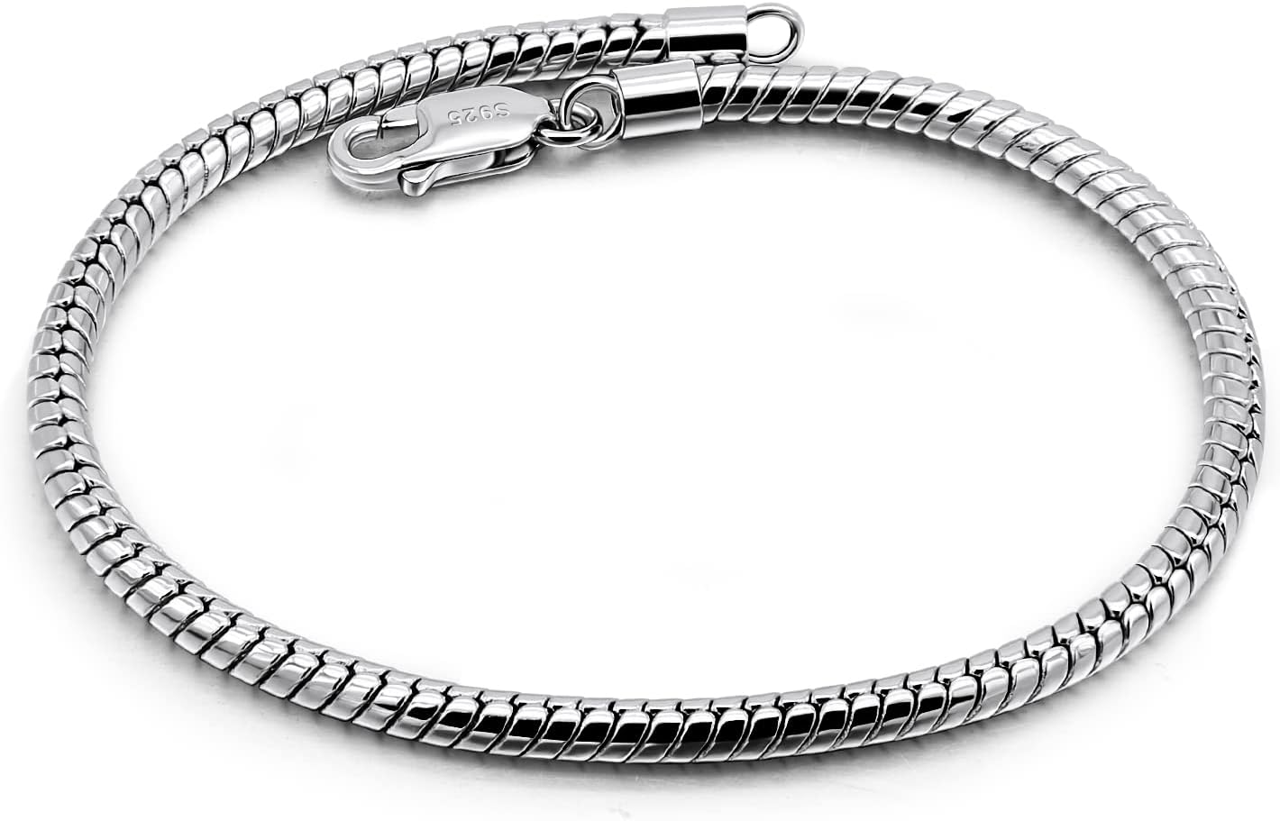 H&Beautimer Genuine 925 Sterling Silver Bracelet Solid 3-4MM Round Snake Chain Bracelet for Men - Glamour Party Jewelry - Sterling Silver Link Bracelet 6.3-6.7-7-7.5-8-8.5-9-9.5''