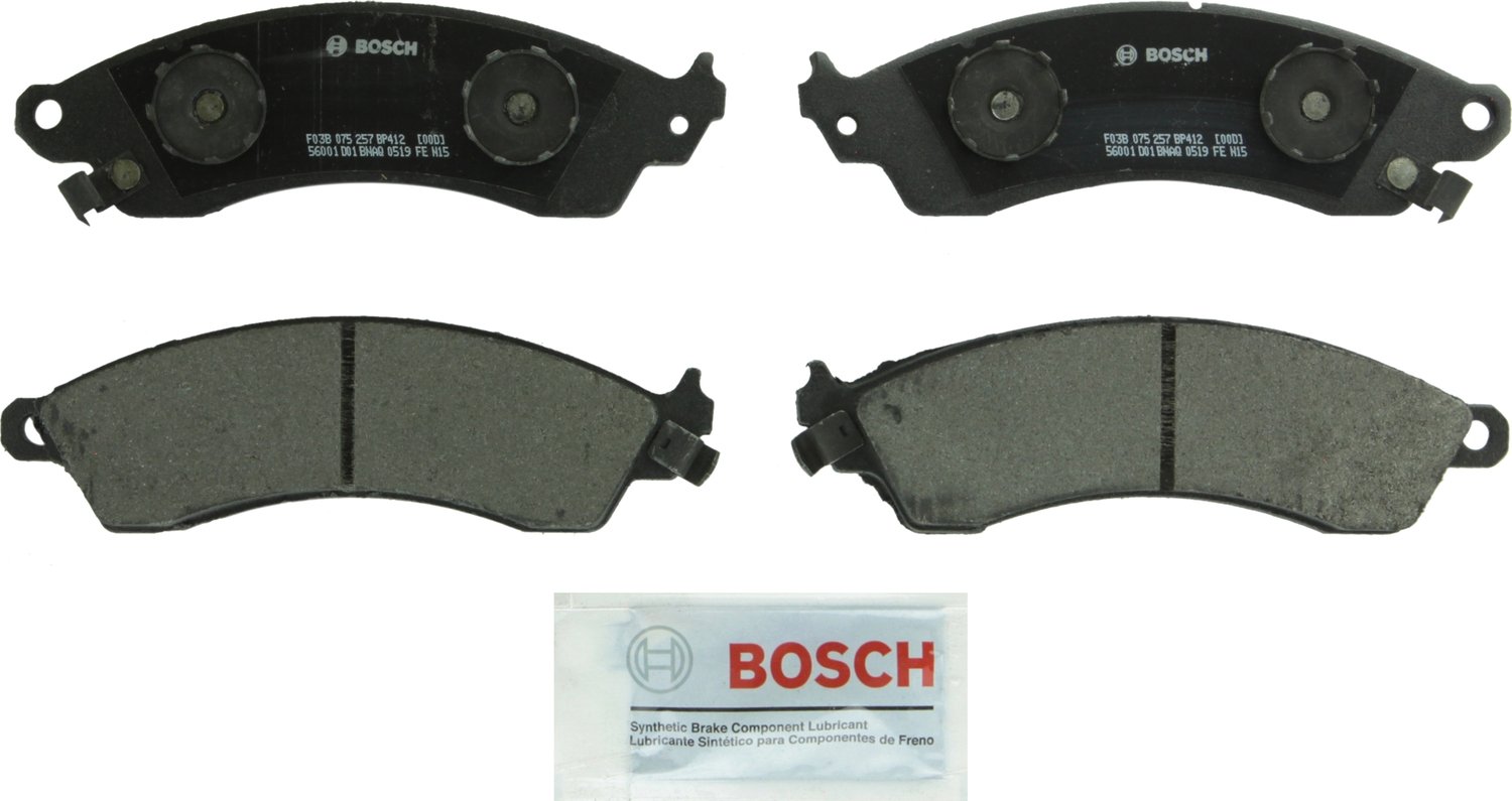 Bosch BP412 QuietCast Premium Semi-Metallic Disc Brake Pad Set For Select Aston Martin; Chevrolet Camaro, Corvette; Ford Mustang; Panoz Roadster, Esperante; Pontiac Firebird; Shelby Series 1; Front