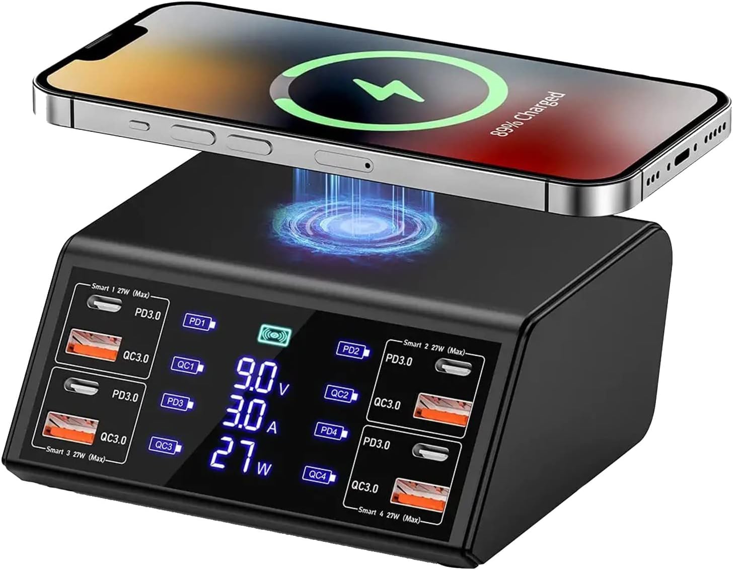 Multi USB Ladestation 100W Mehrere Geräte Ladegerät mit LED Bildschirm Kabelloses Schnell Induktives Ladegerät 8 Ports mit 18W QC3.0 USB und 27W PD-Schnellladungsport für iPhone iPad Samung