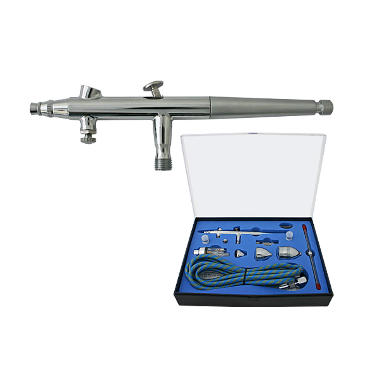 Wiltec Kit Pistolet aérographe professionnel Modèle 186K – Action double DA – avec Buses 0,2/0,3/0,5 mm – Godets 2/8 / 13 ml – Mini-filtre – Tatouage, bronzage, maquillage, modélisme airbrush