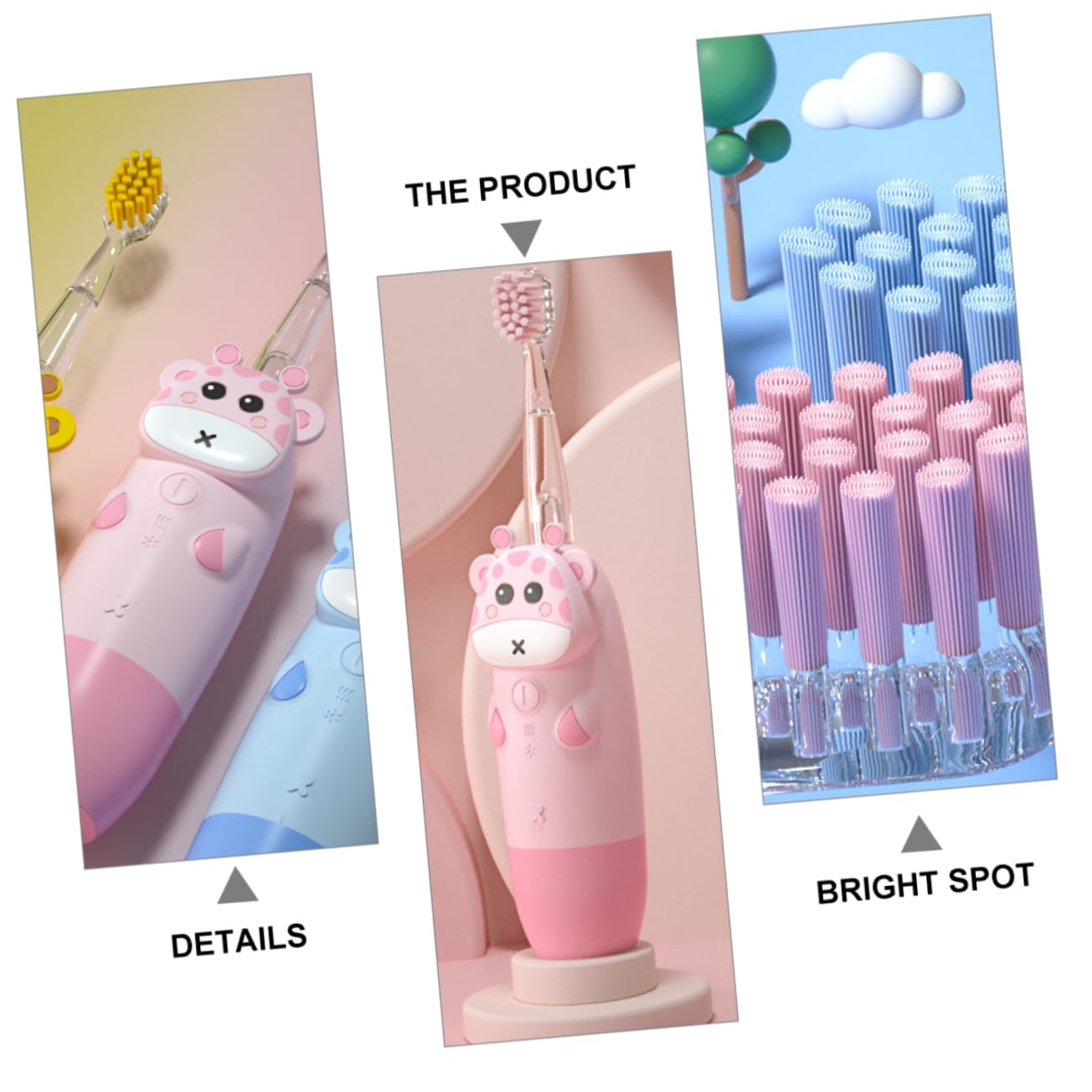 FRCOLOR Cepillo de Dientes Eléctrico Sónico para Niños con Ajuste de Ritmo y Diseño, Set de Silicona y Pc en Color Rosa Adecuado Cuidado Bucal Infantil