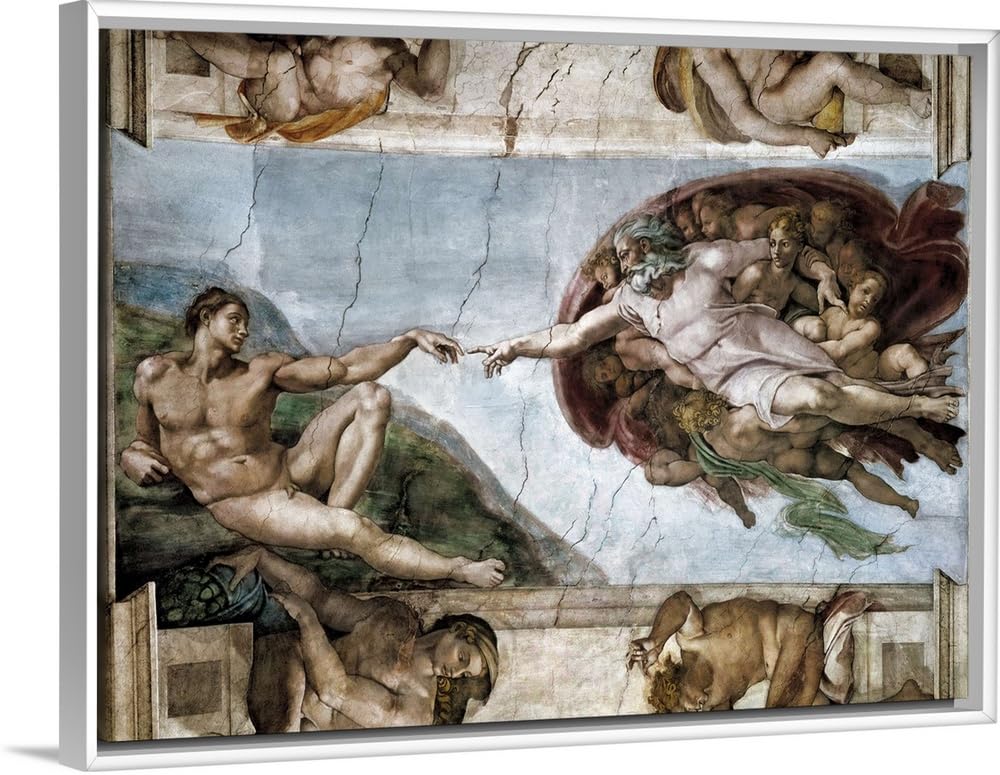 CANVAS ON DEMAND The Creation of Adam, Sistine Chapel White Float Framed Canvas Wall Art Print by Michelangelo Buonarroti, Fine Art, Figurative, Traditional, Home Decor, Person, Figurative Artwork,24"x18in "