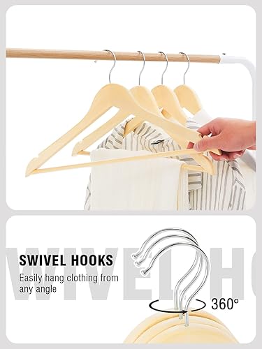 Miniatura 4 de Perchas de madera natural maciza, paquete de 10 perchas resistentes con acabado liso con barra antideslizante para pantalones, muescas cortadas con