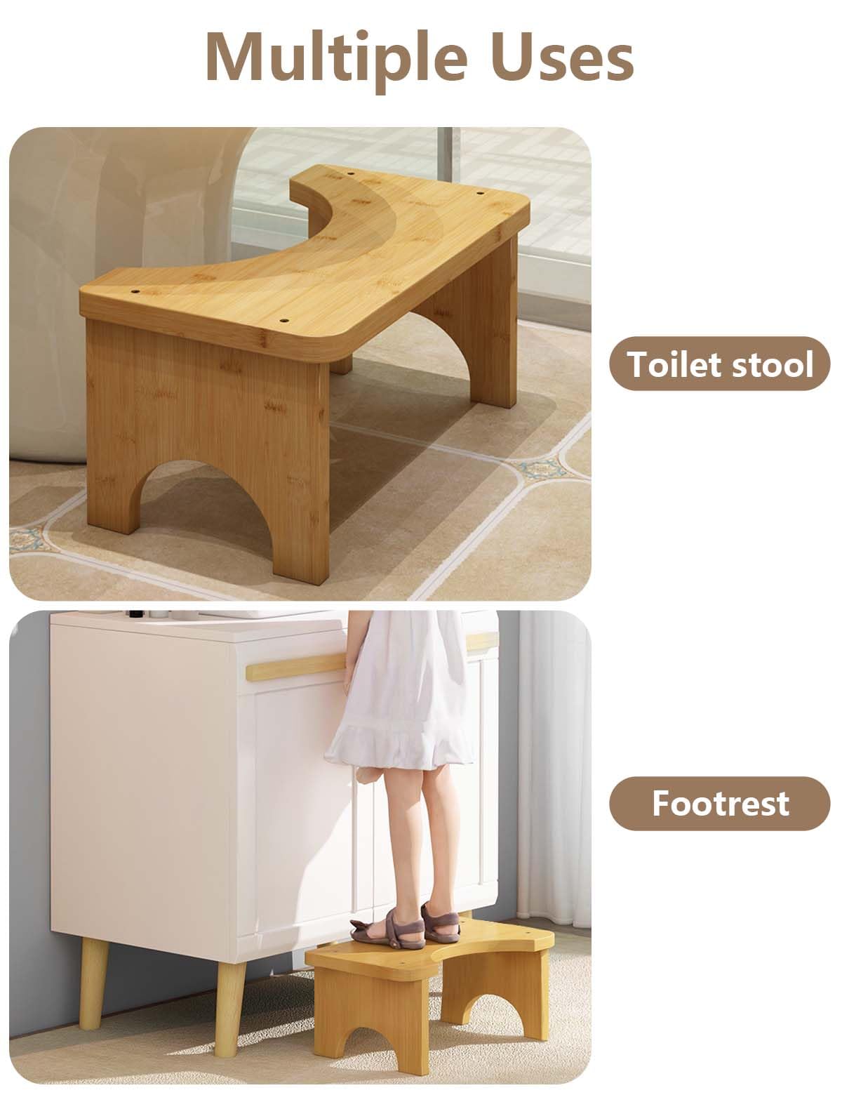 Sgabello WC in legno di bambù per adulti, sgabello per migliorare la defecazione, sgabello WC per sedersi comodamente in bagno (colore legno)