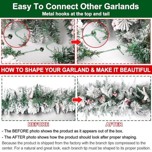Snow Flocked Christmas Garland with Lights for Mantle, Stairs, Door - 9 FT - 100 Warm White LED - Timer Included