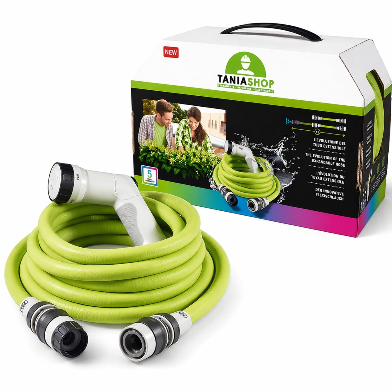 Tubo Acqua Giardino Estensibile con Pistola Multigetto Compatto Leggero Antipiega con Raccordi Rapidi con Sistema Aquastop per irrigazione Lavaggio (25 metri)