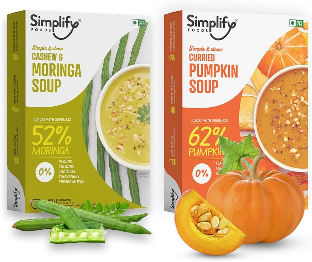 Simplify Cashew & Moringa Soup and Curried Pumpkin Soup - Pack of 2 (Serves 5 to 6) I Each Makes 500ml | 0% Additives and Preservatives