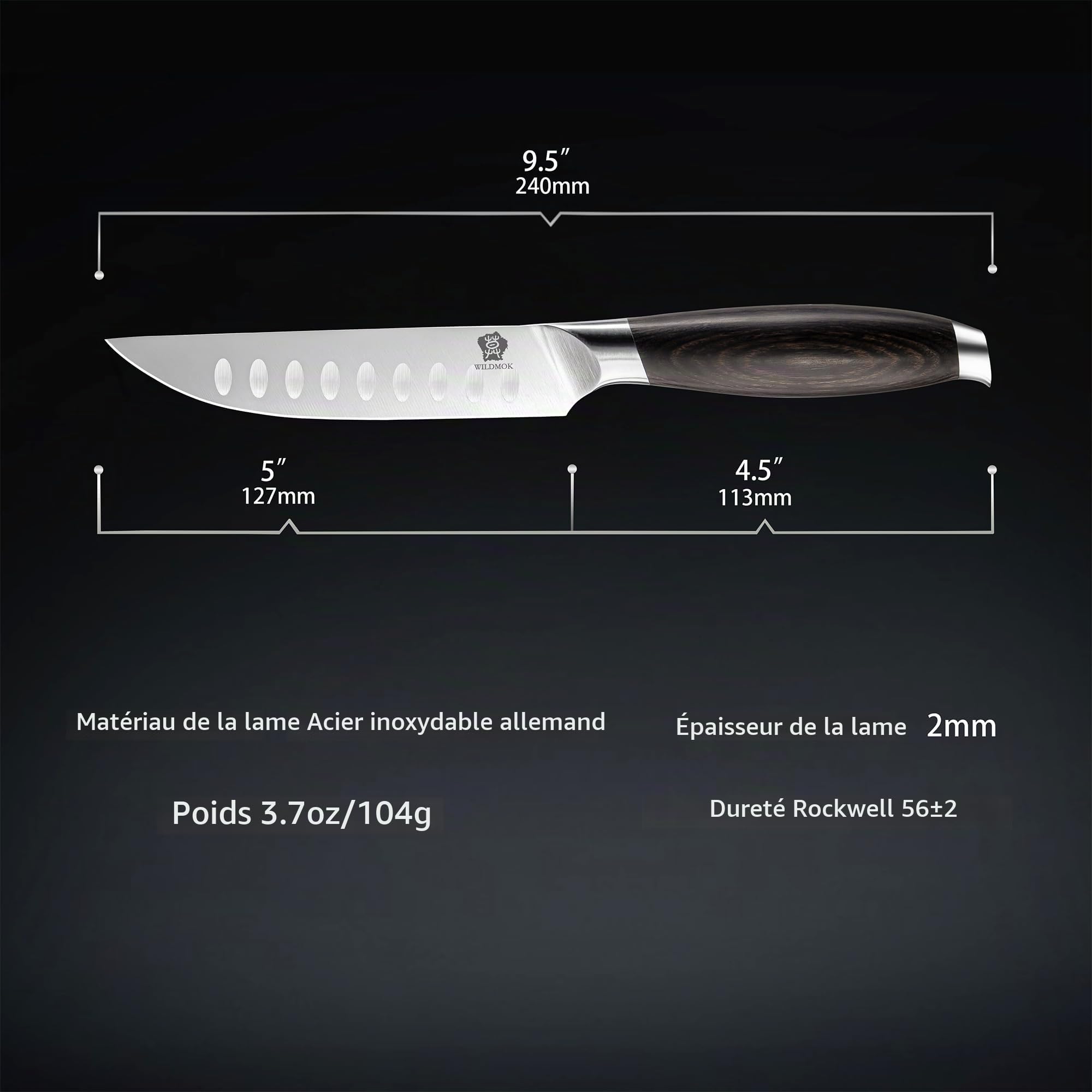 WILDMOK 12,8 cm Steak Knives Set of 4, Ultra Sharp Steak Knives Kitchen Knives Set, allemand en acier inoxydable Steak Knife