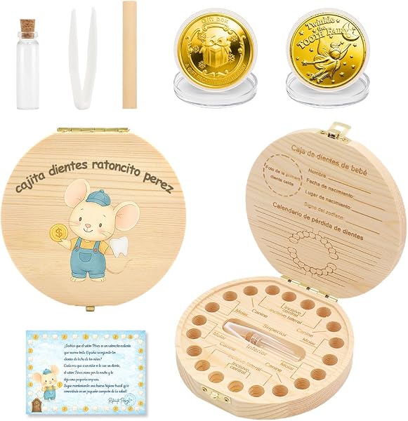 WALLFID Caja Dientes de Leche Ratoncito Pérez para Niño y Niña, Cajita de Madera con Motivo Ratón Colorido, Incluye Tarjeta y Moneda,Acumulación de Dientes - 1