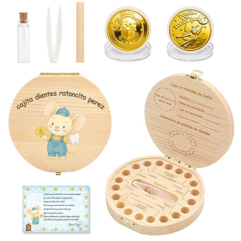 WALLFID Caja Dientes de Leche Ratoncito Pérez para Niño y Niña, Cajita de Madera con Motivo Ratón Colorido, Incluye Tarjeta y Moneda,Acumulación de Dientes