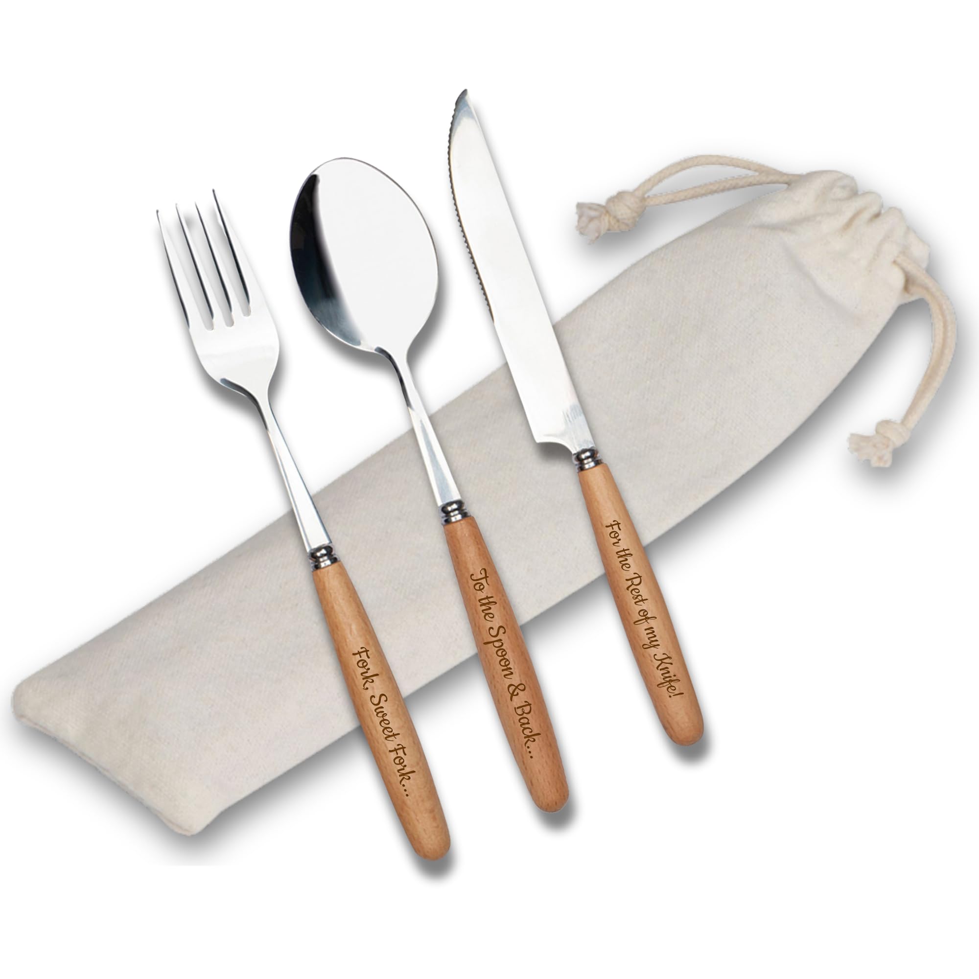 Personalised Engraved Picnic Cutlery Set in Cotton Carry Pouch - Camping, Outdoors, Travel - Wooden Handled, Stainless Steel - Engraved with Your Custom Text