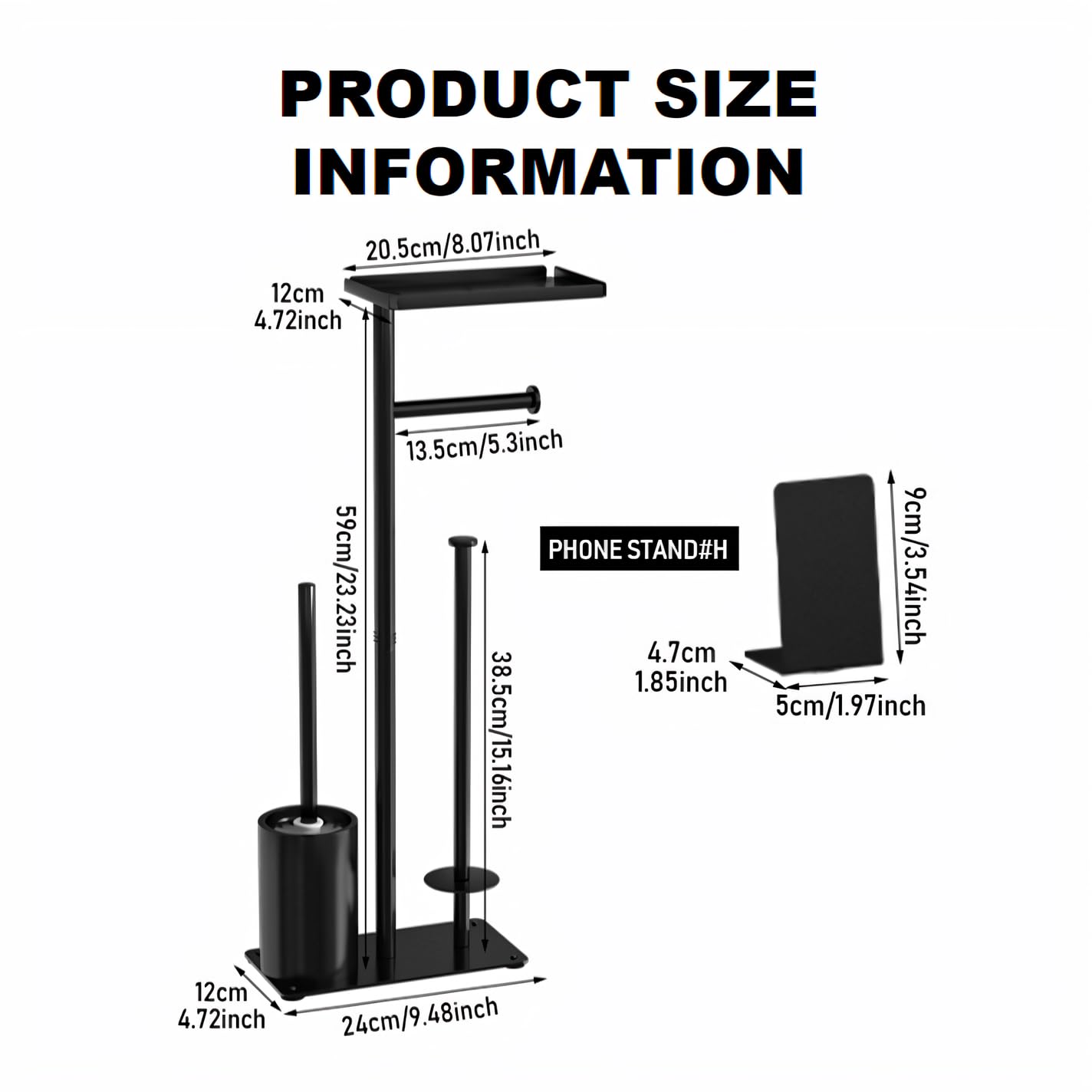 Toilet Brushes & Holders,Free Standing Toilet Roll Holder with Brush and Wipes or Phone Shelf for Wet Wipes,Bathroom Accessories Tissue Holders,Loo Roll Holder Free Standing Holds 4 Rolls (Black) - Image 2