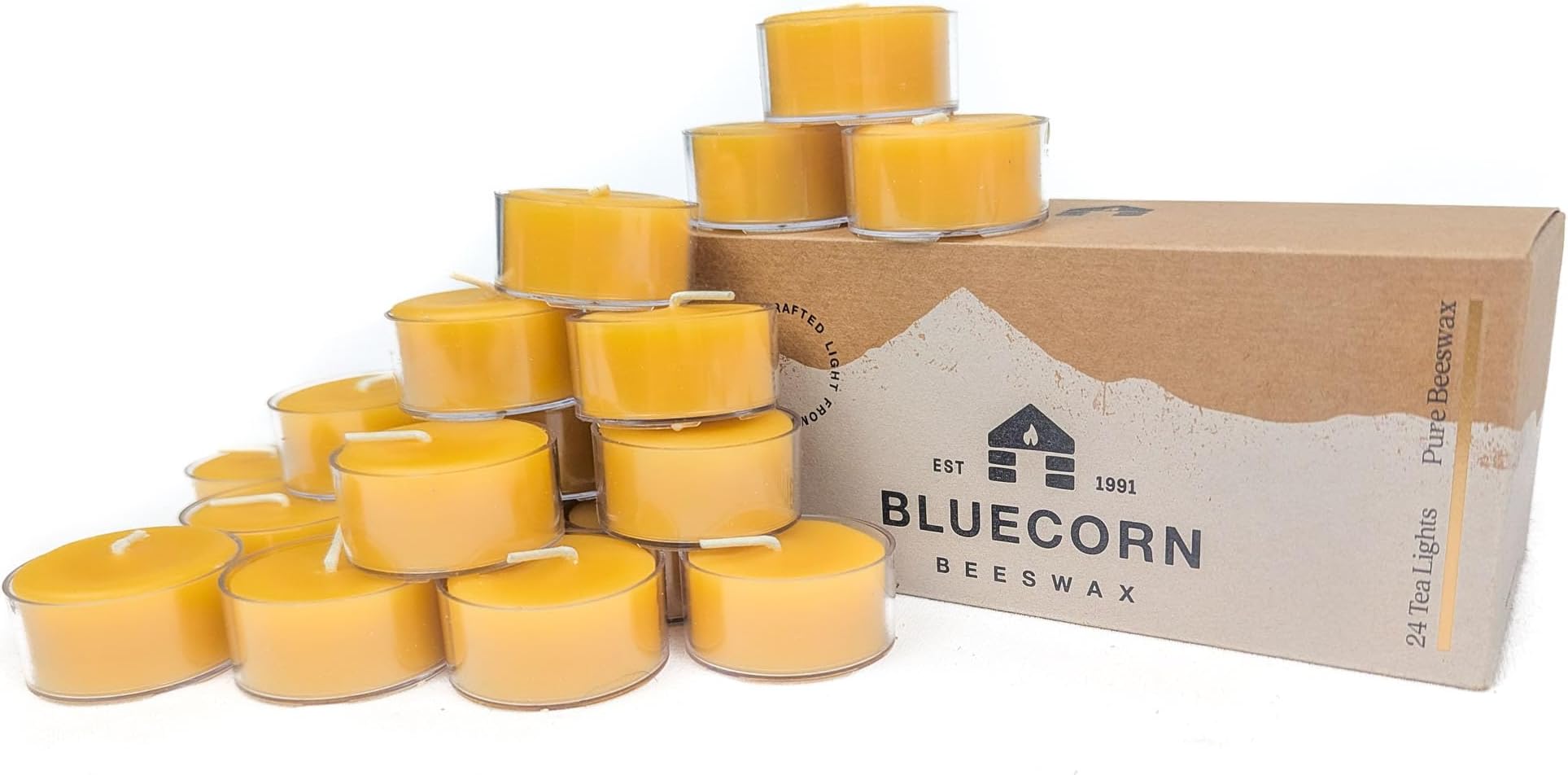 Bluecorn Beeswax Tea Light Candles, 100% Pure Natural Bees Wax, Yellow Tea Lights, Fragrance Free, Paraffin & Soy Free Candle Wax, Clean Burning, Long Lasting (4-5 Hrs), American Made, 24 Pack