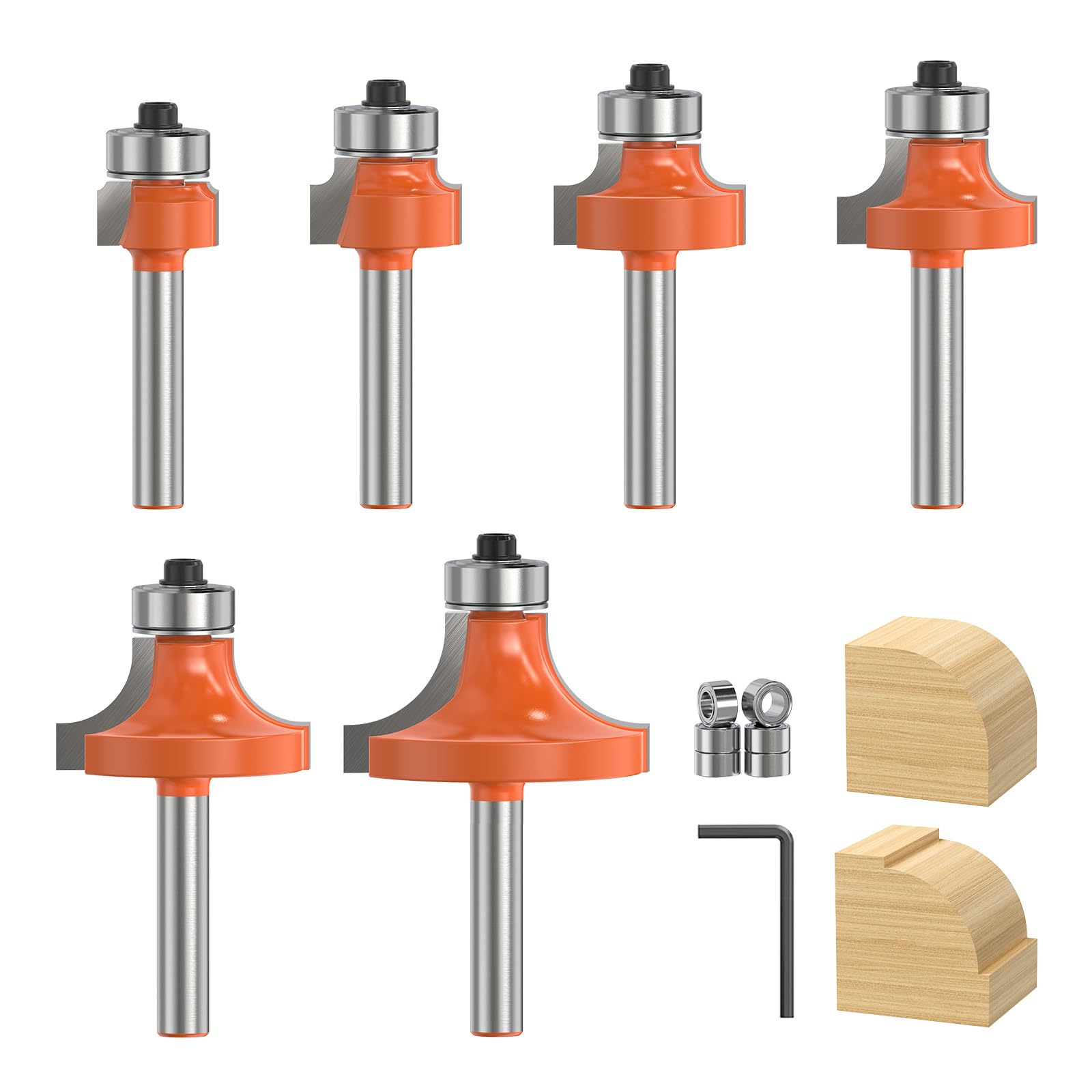 Jeu de 6 Fraise à Arrondir Quart de Rond–Queue 6mm, Rayons 1,5-3-5-6-10-13mm, Roulements Interchangeables 9,5 & 12,7 mm, Carbure Tungstène YG6X, pour Bois MDF Contreplaqué