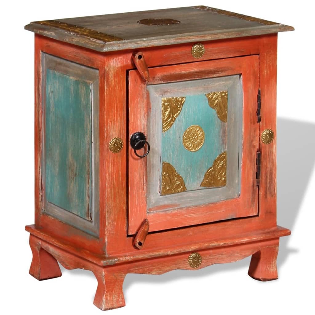 Stolik nocny z litego drewna mango pomarańczowy ręcznie wykonany 40 x 30 x 50 cm z dużymi drzwiami i mosiężnymi okuciami w indyjskim stylu vintage jako stolik pomocniczy i stolik nocny do