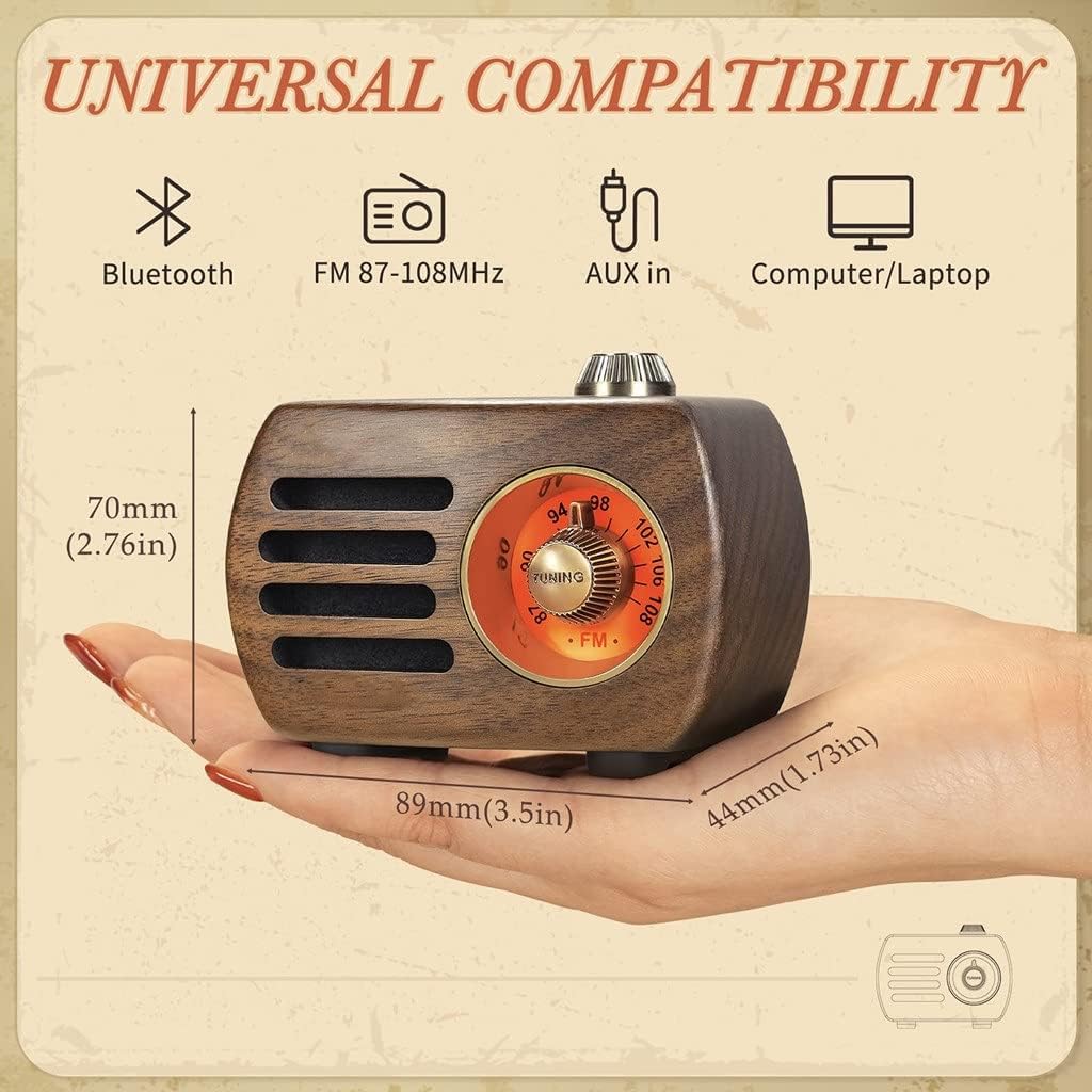 Portable Wooden Mini Radios Retro Radio Speaker AUX Cable Play Desktop Vintage Player