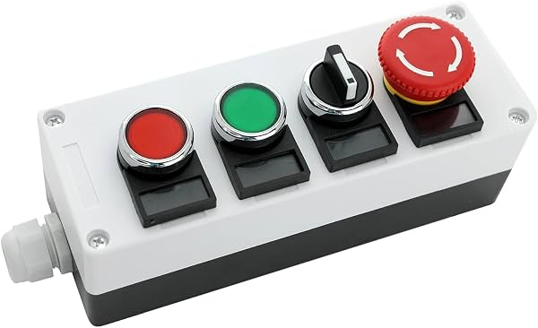 Caja de control de 22 mm con interruptores de botón pulsador momentáneo | Botones rojo/verde, selector de 2 posiciones, botón de parada de emergencia
