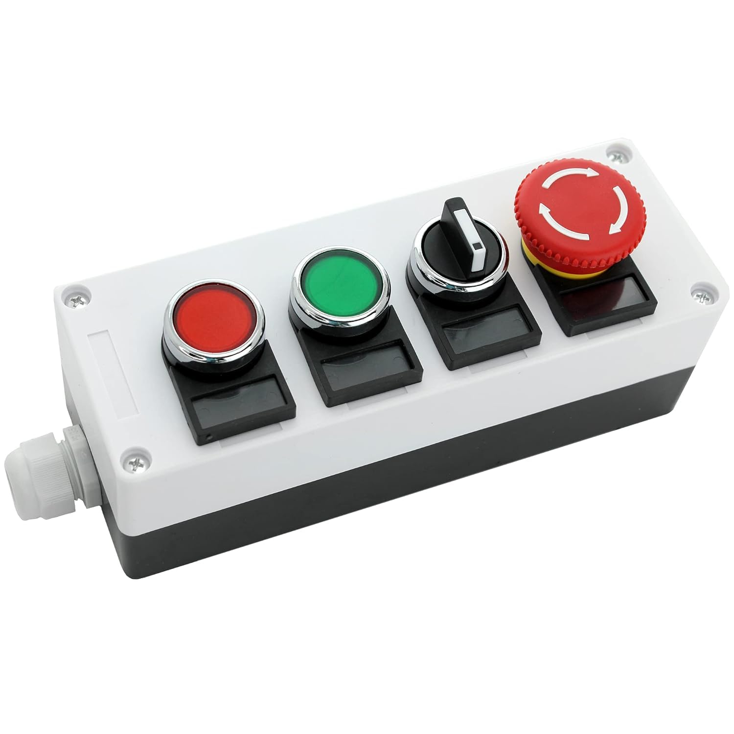 22mm Control Station Box Set – Momentary Push Button Switches (Red & Green), 2-Position Rotary Switch & Emergency Stop Button