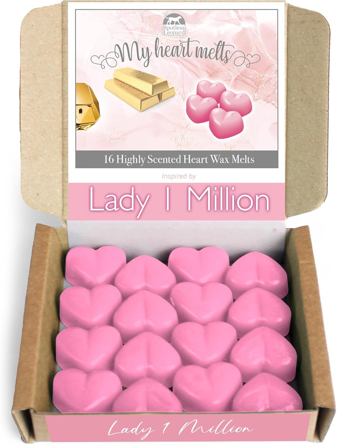 Spotless Leopard Women's Dark Pink Lady 1 Million Scented Wax Melts; 16 X 6G Heart Shaped Melts Inspired By Lady 1 Million In A Recycled Gift Box, Pet Friendly, Cruelty Free By