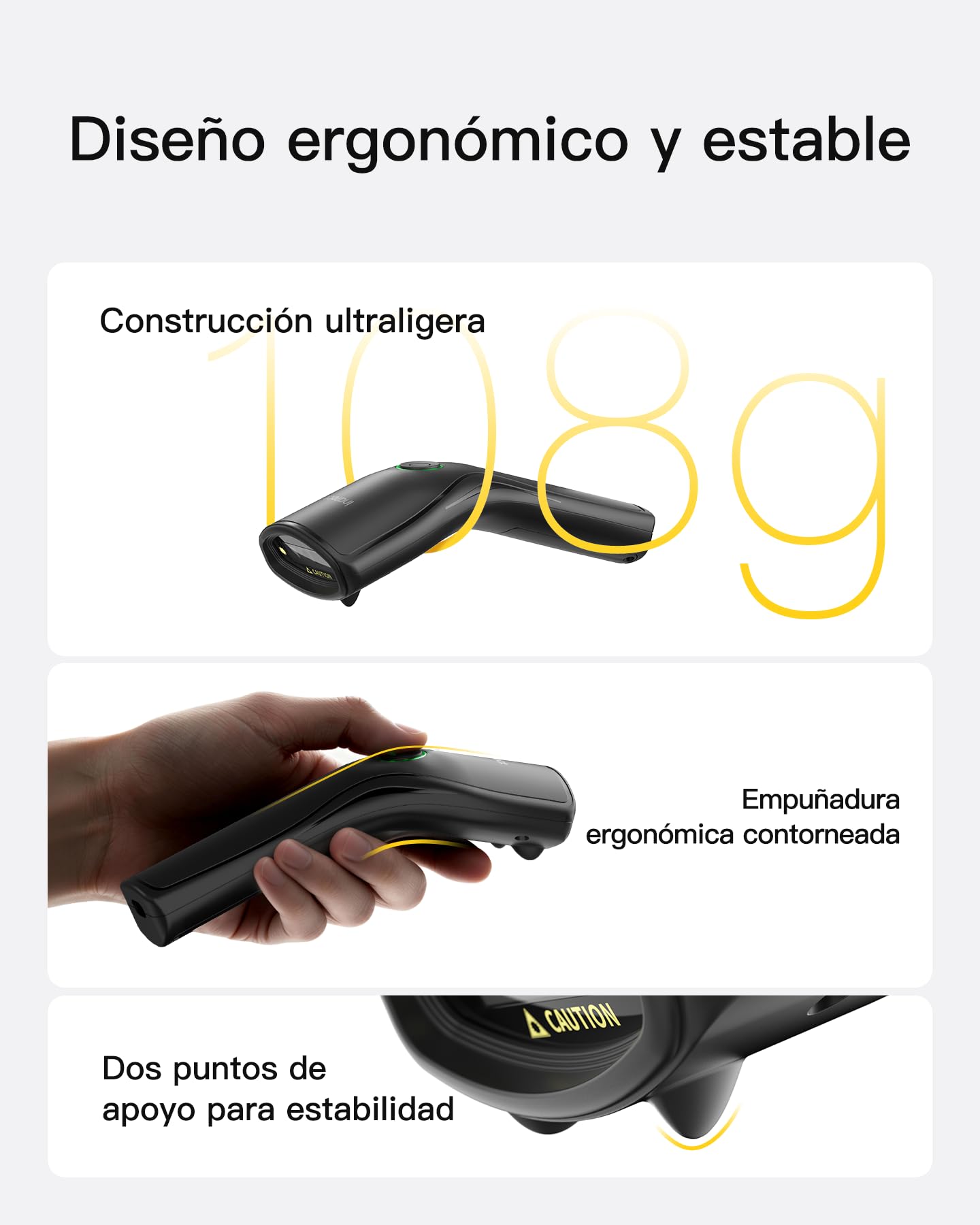 Inateck Escáner de Códigos de Barras 2D Inalámbrico, Lector QR Portátil con LED de Estado Multicolor, Diseño Ergonómico Ultraligero de 108g, Escáner Bluetooth, Batería Recargable Sustituible, N6057 | Escáner de código QR con batería extraíble, compatible