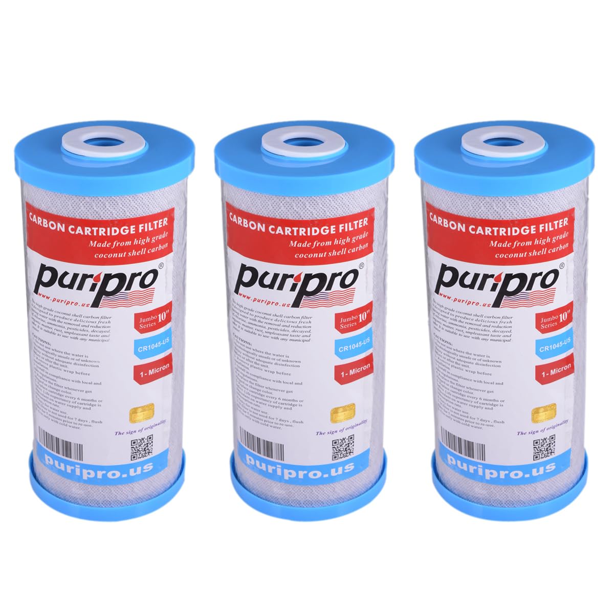 Puri Pro Carbon Cartridge Filter 10" x 4.5" - 1 Micron, Pack of 3