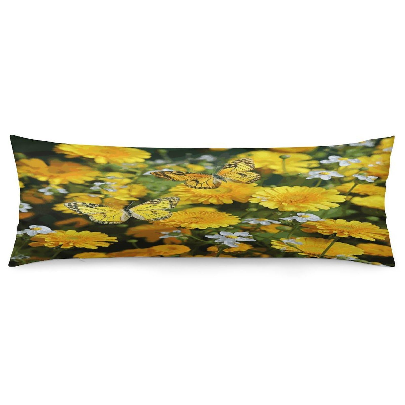 Yellow Butterfly and Yellow Daisies Pillowcase Long Body Pillow Cover Soft Decorative Body Pillow Case Breathable Large Pillowcase Cute Cozy Pillow Protector for Bed Sofa Couch Room 18.9 X 53 Inch
