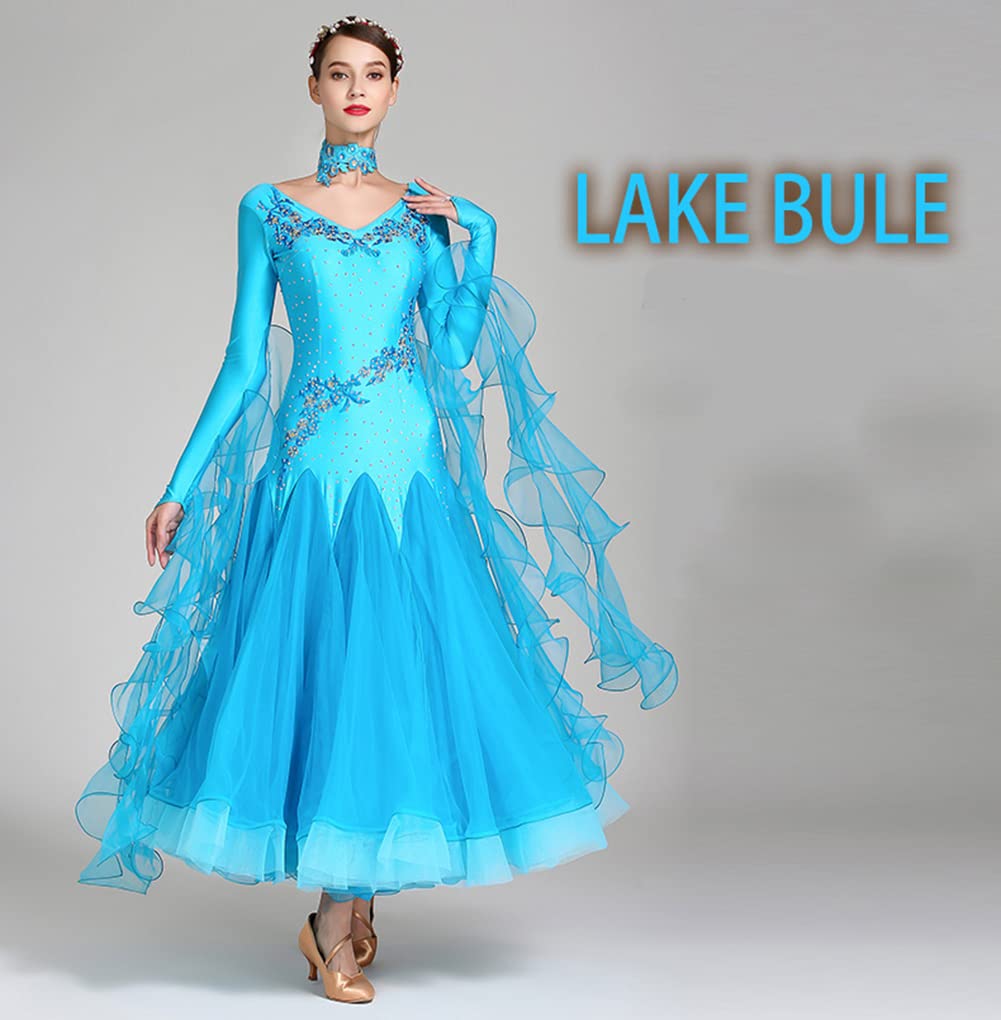 Robes Danse Salon pour Femmes,Robe compétition Valse Foxtrot brodée au Diamant exquise, Robe de Danse de Danse Moderne à Manches Longues