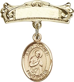 14kt Yellow Gold Baby Badge with St. Isaac Jogues Charm and Arched Polished Badge Pin 7/8 X 3/4 inches