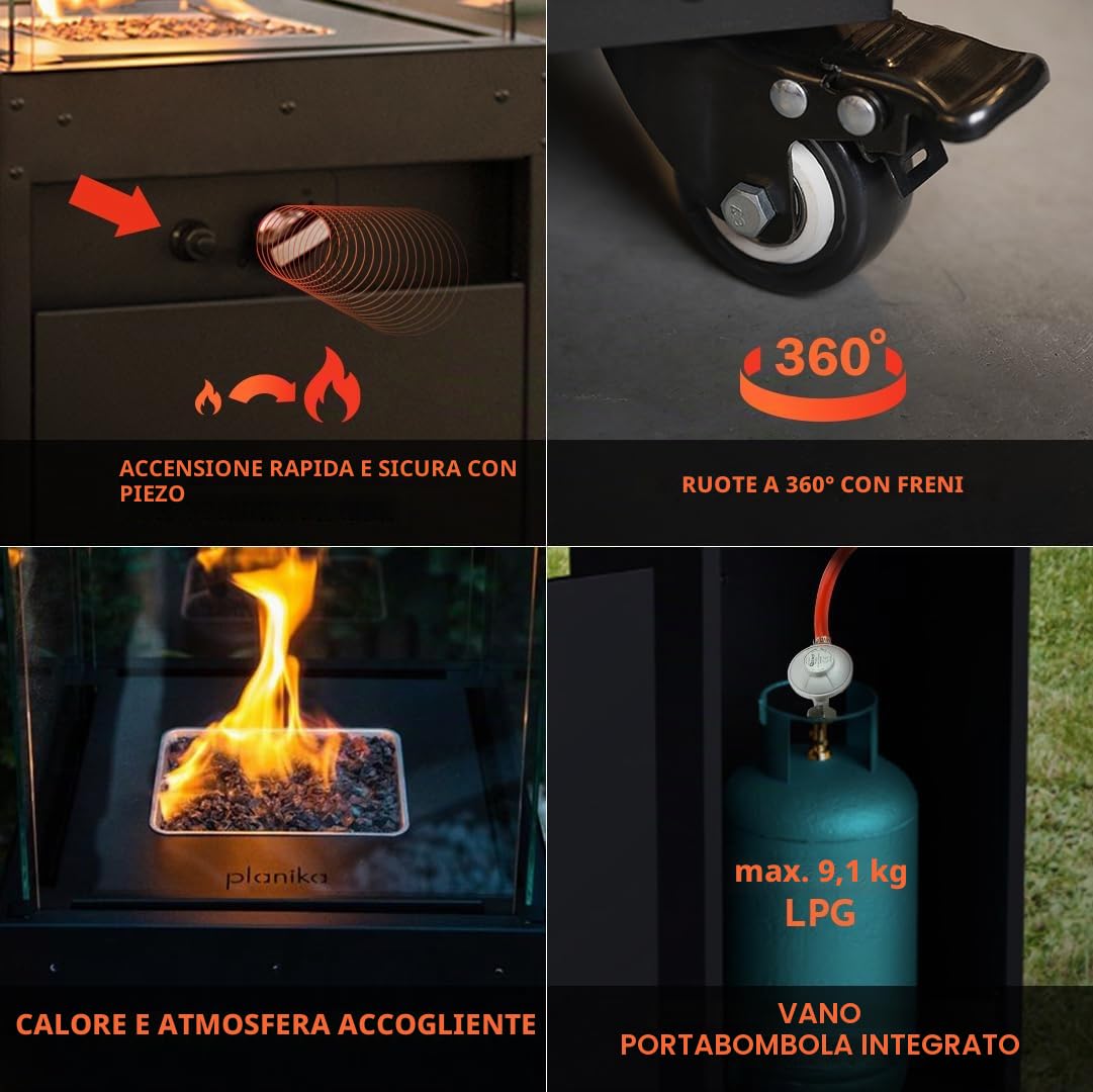 Planika Faro Patio Gas Riscaldatore nero portatile autonomo a propano per giardino terrazza