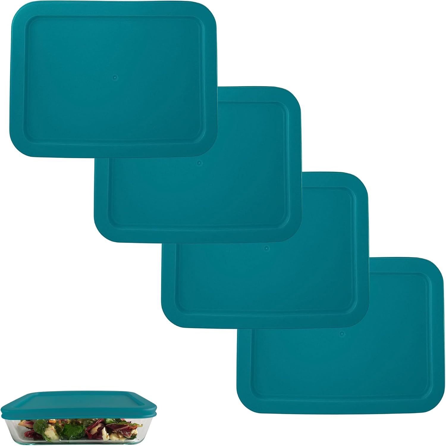 Klareware 3 cup Rectangle Plastic Food Storage Replacement Lids Covers for Klareware and Pyrex 7210-PC Glass Bowls (Container not Included) (4 Pack - Turquoise)