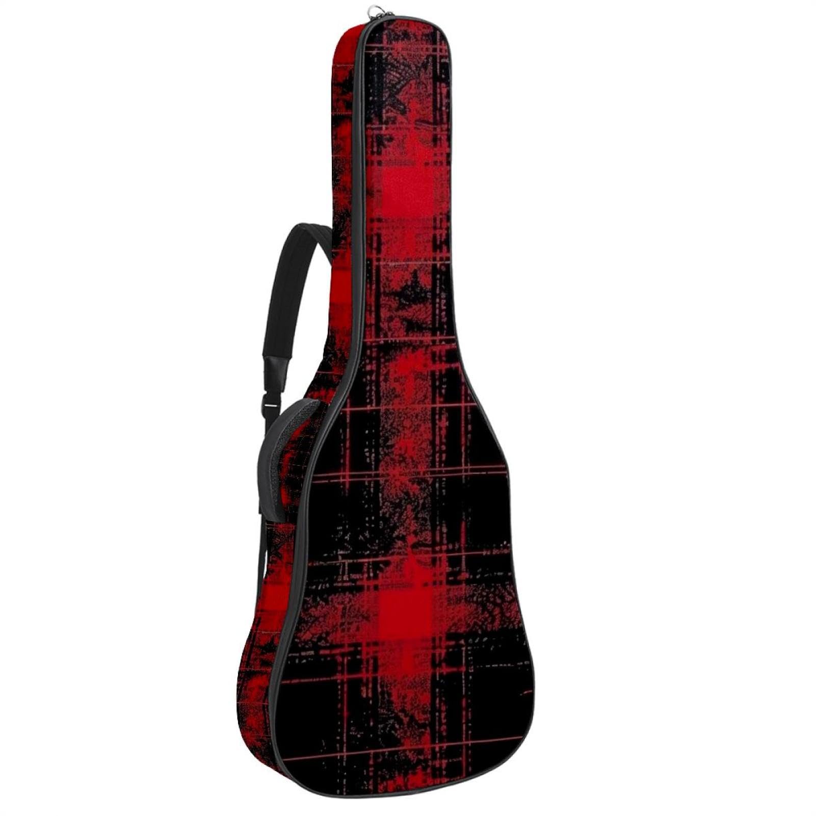 Tasche für Akustikgitarre, Retro-Stil, mit 2 Taschen, verstellbarem Schultergurt und Rückenaufhänger, geeignet für E-Gitarren, Bassgitarren und klassische Gitarren, Schwarz / Rot, Retro Schwarz Rot