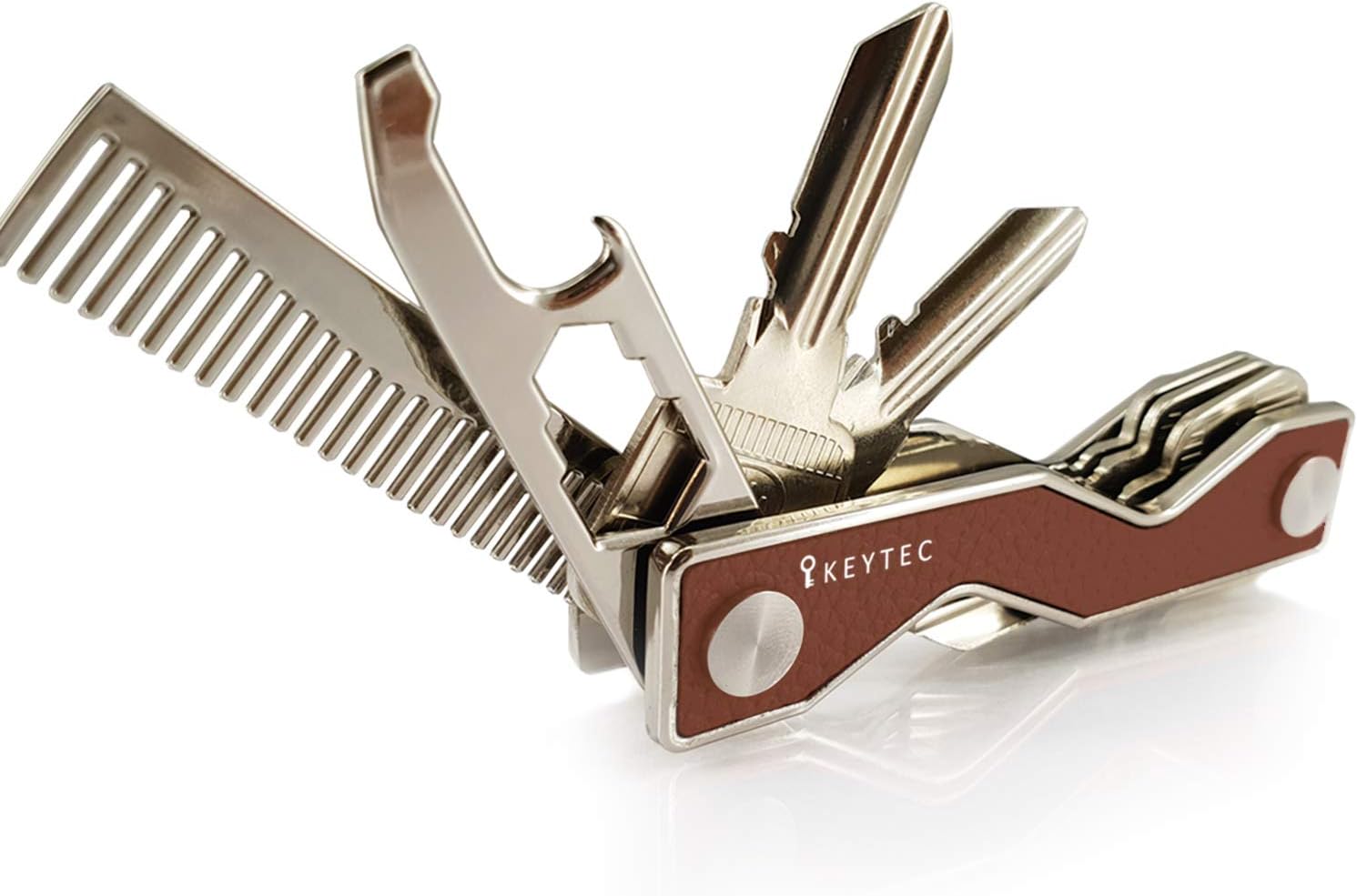Compact Key Organizer Smart Key Holder by KEYTEC｜Leather Silver Rim｜Multitool Includes Bottle Opener Comb S-Clip Hook Expansion Accessory｜Enhanced Frame
