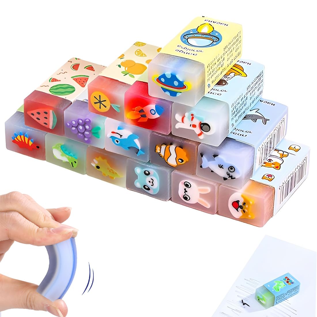 Set da 15 Gomme da Cancellare per Bambini - Motivi Carini Animali Colorati