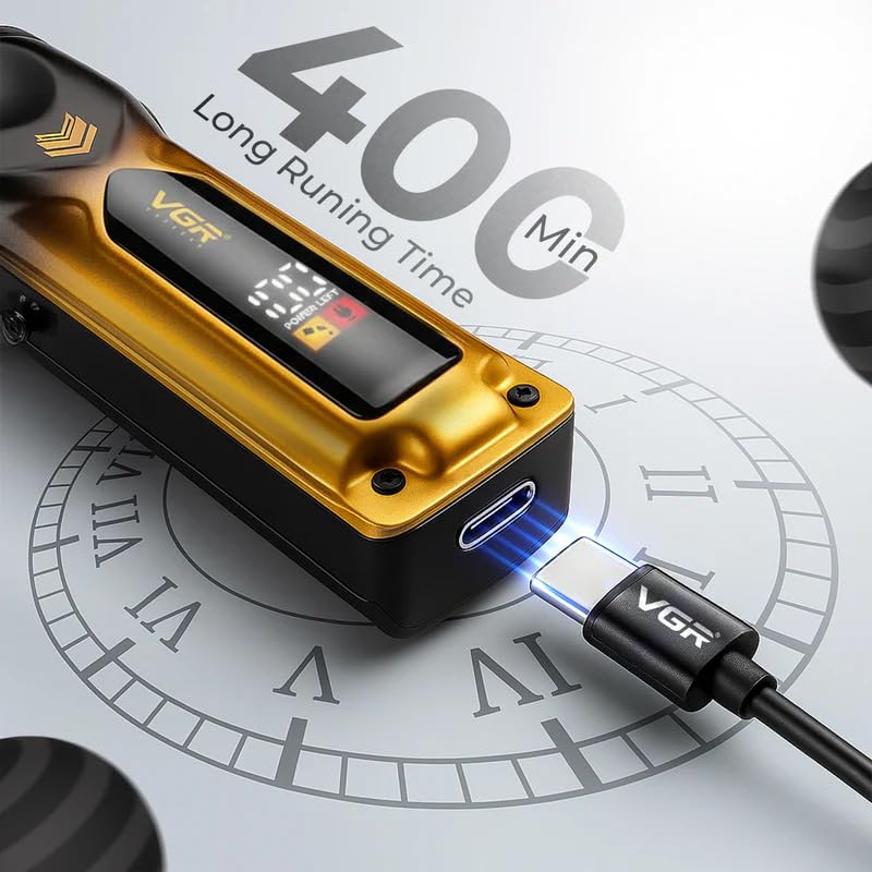 Image of VGR V-656 Professional Hair Clipper for Men | Ceramic & Stainless Steel Blades | 2000mAh Lithium Battery | 400 Min Runtime | Turbo Mode | LED Display | USB Type-C Fast Charging | Yellow