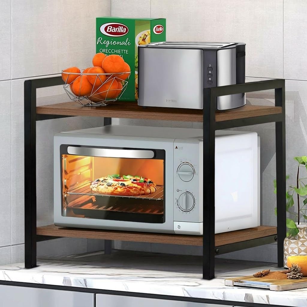 ABJA 2 Tier Microwave Stand for Kitchen Platform, Oven, OTG Stand, Kitchen Counter Top Organizer (Wood and Metal, Rustic Brown)-image-43