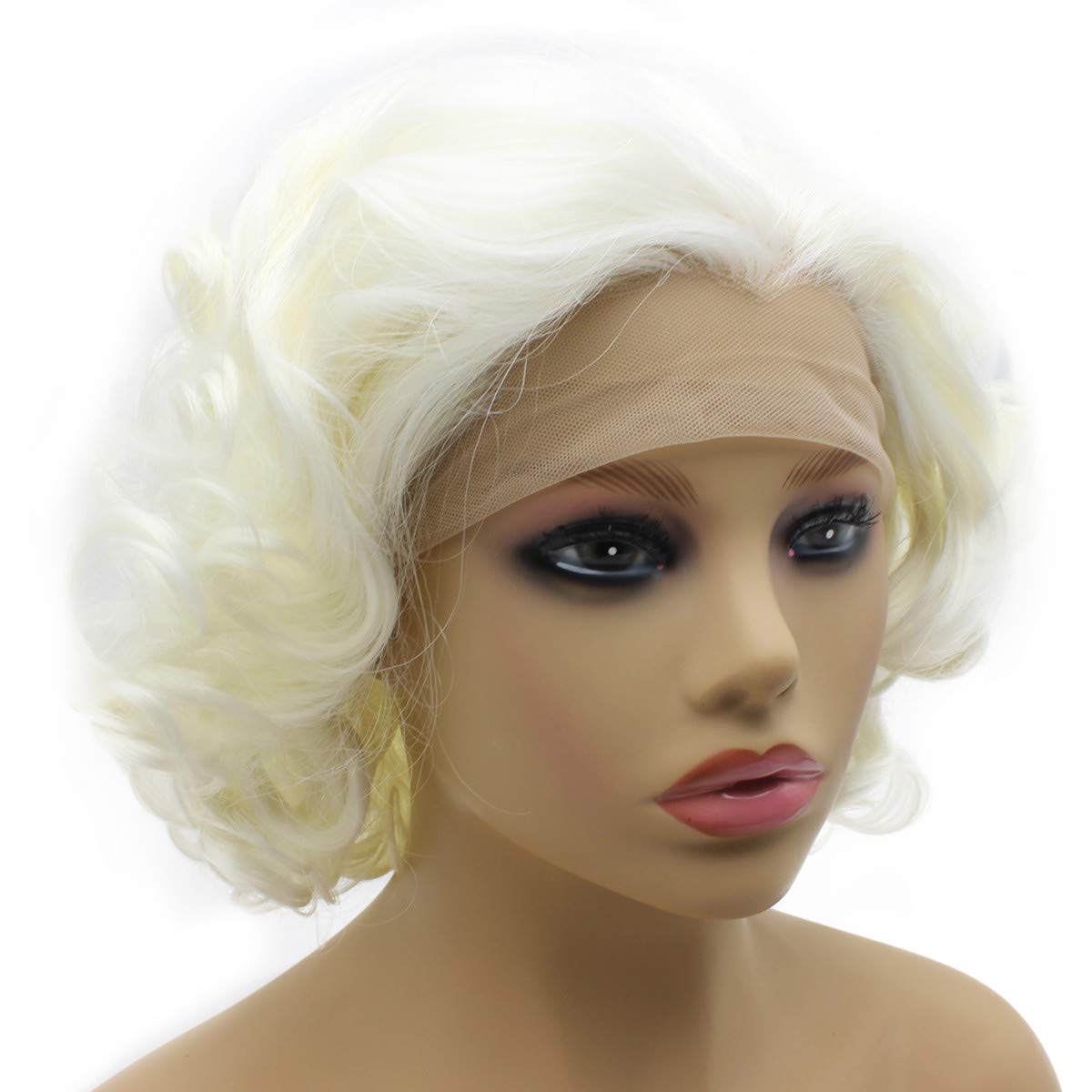 iwonawig Short Curly White Half Hand Tied Heat Friendly Wig Natural Looking Synthetic Lace Front Stylish Wig