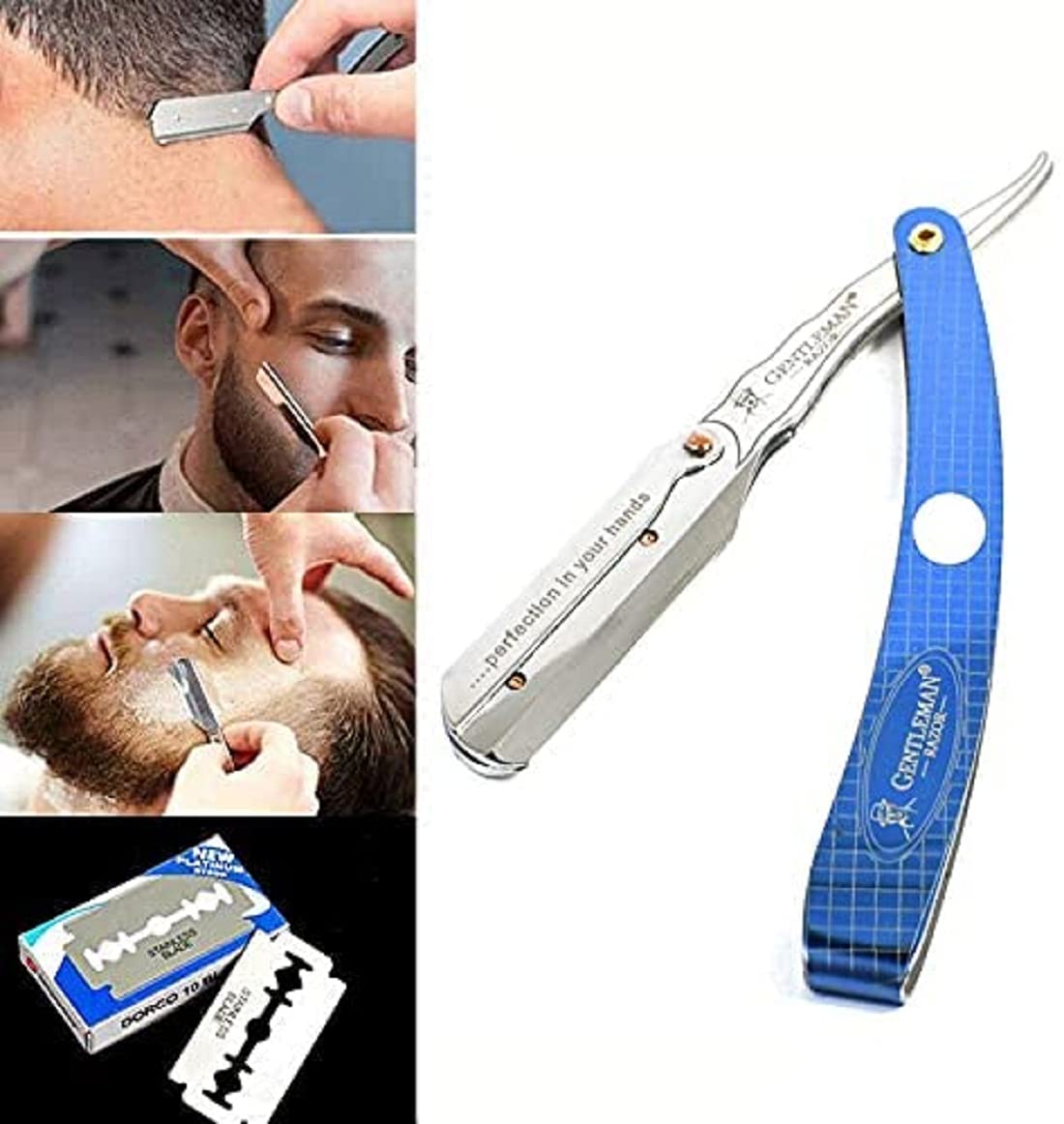 GENTLEMAN PREMIUM BLUE WHALE RT SHOP Gentleman Razor Stainless Steel Straight Edge Barber Razor For Men Well Balanced Sliding Style Weight Blue Color(FREE Blade Inside) 4