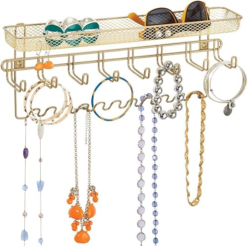 mDesign Organizador decorativo de metal para accesorios. Para colgar en la pared y guardar collares, pulseras, anillos, aretes, lentes de sol,