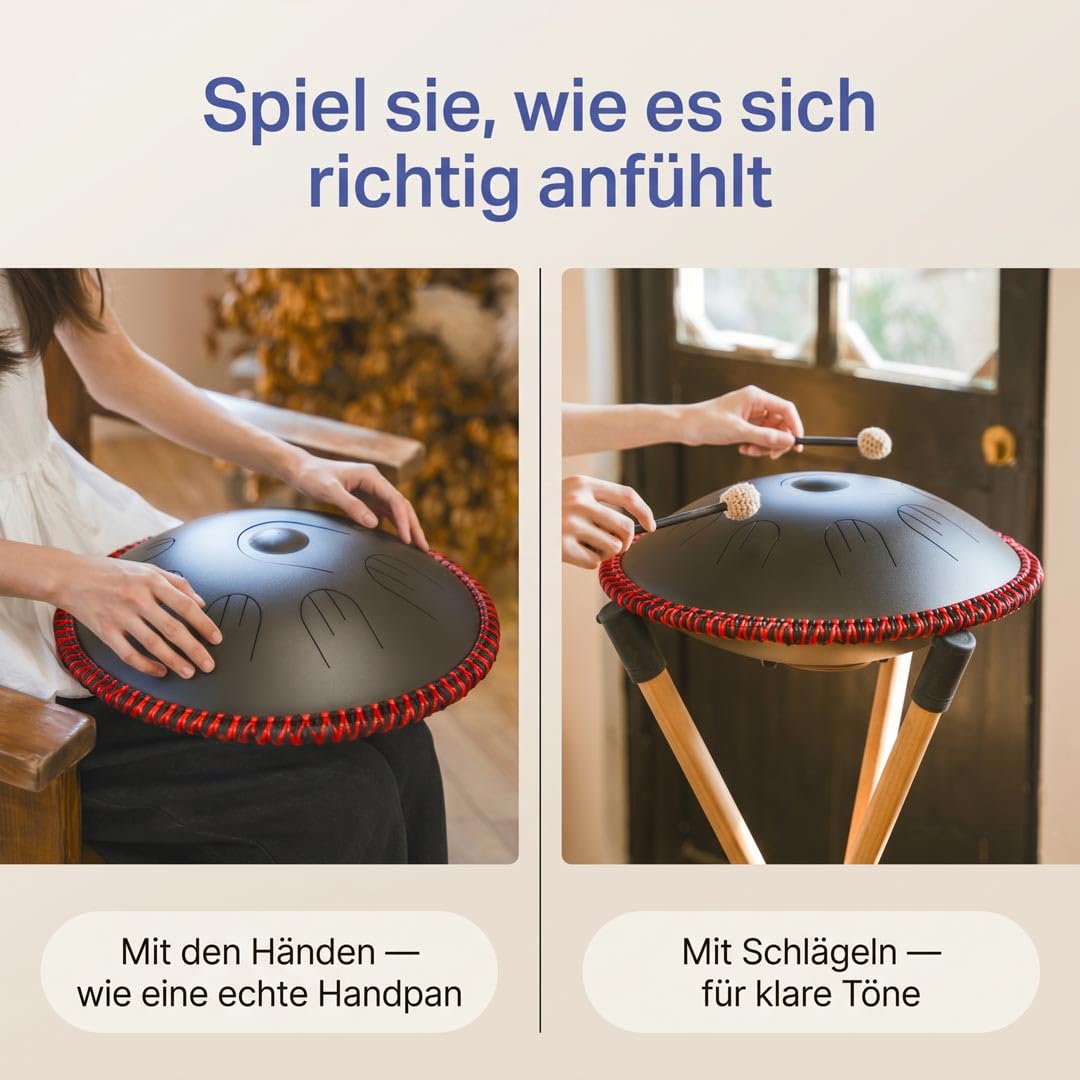 "Handpan Hybrid" - Zungentrommel/Steel Tongue Drum in D-Kurd - die handgefertigte Handpan-Alternative, 35,5 cm, 9 Töne, Schwarz - inkl. Tasche, Schlägel & Liederbuch