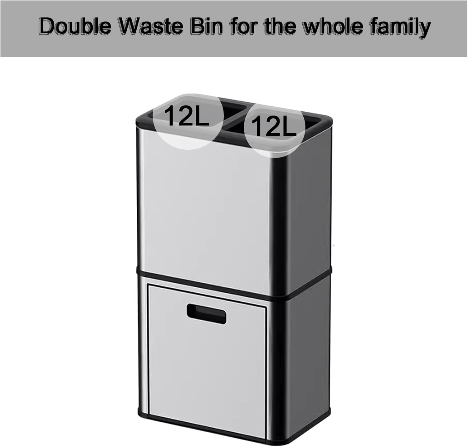 Style Metal Tapered Dustbin Lid，Dustbin Lid， 10/12 Gallon Stainless Steel Kitchen Trash Can,Rectangle Garbage Bin For Waste/classification And Recycling,Detachable Compartments(Black,44L (12 Gallons))