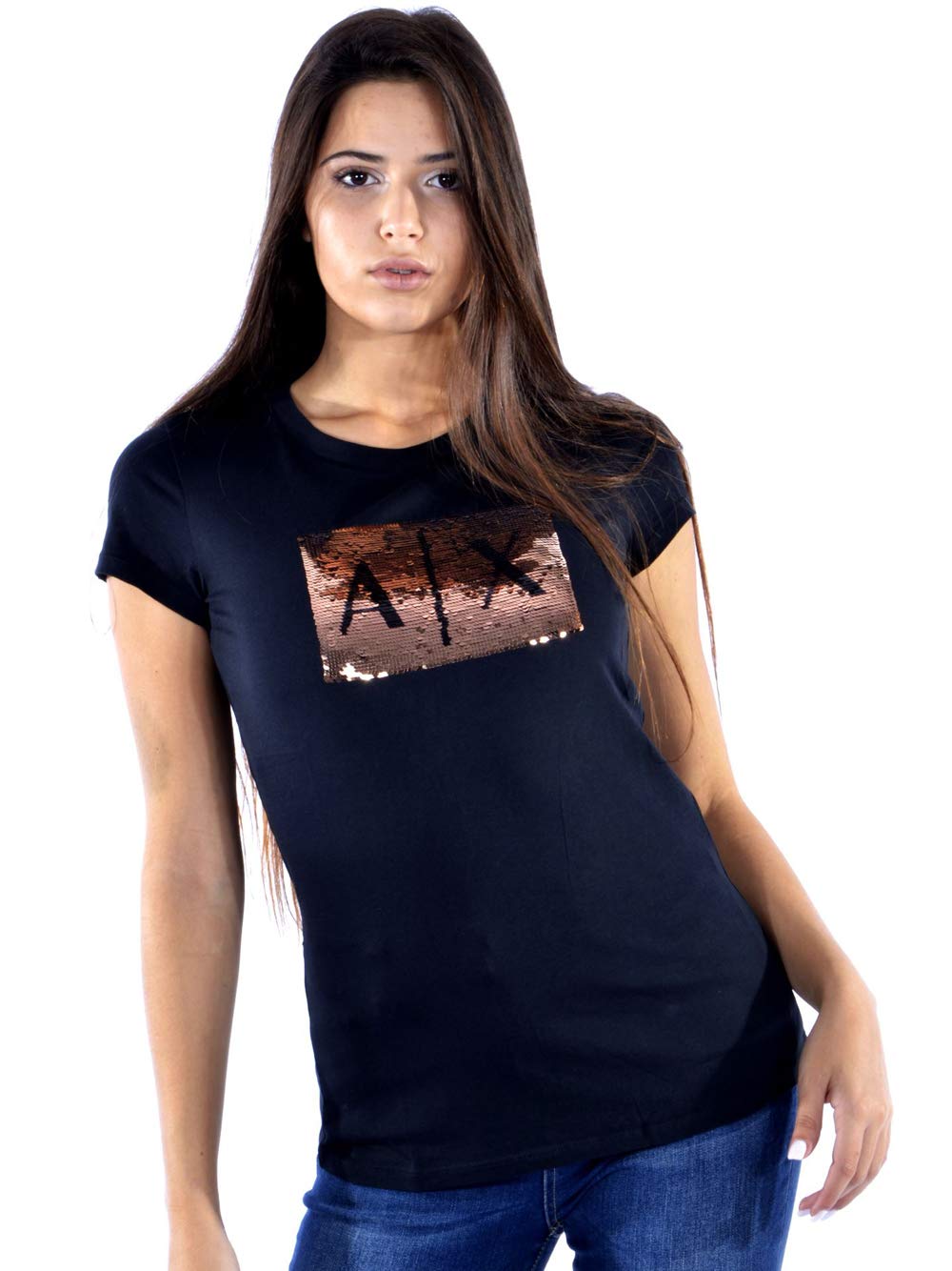 Armani Exchange Women's Basic T-Shirt with Logo On Bust, Black with Gold, M