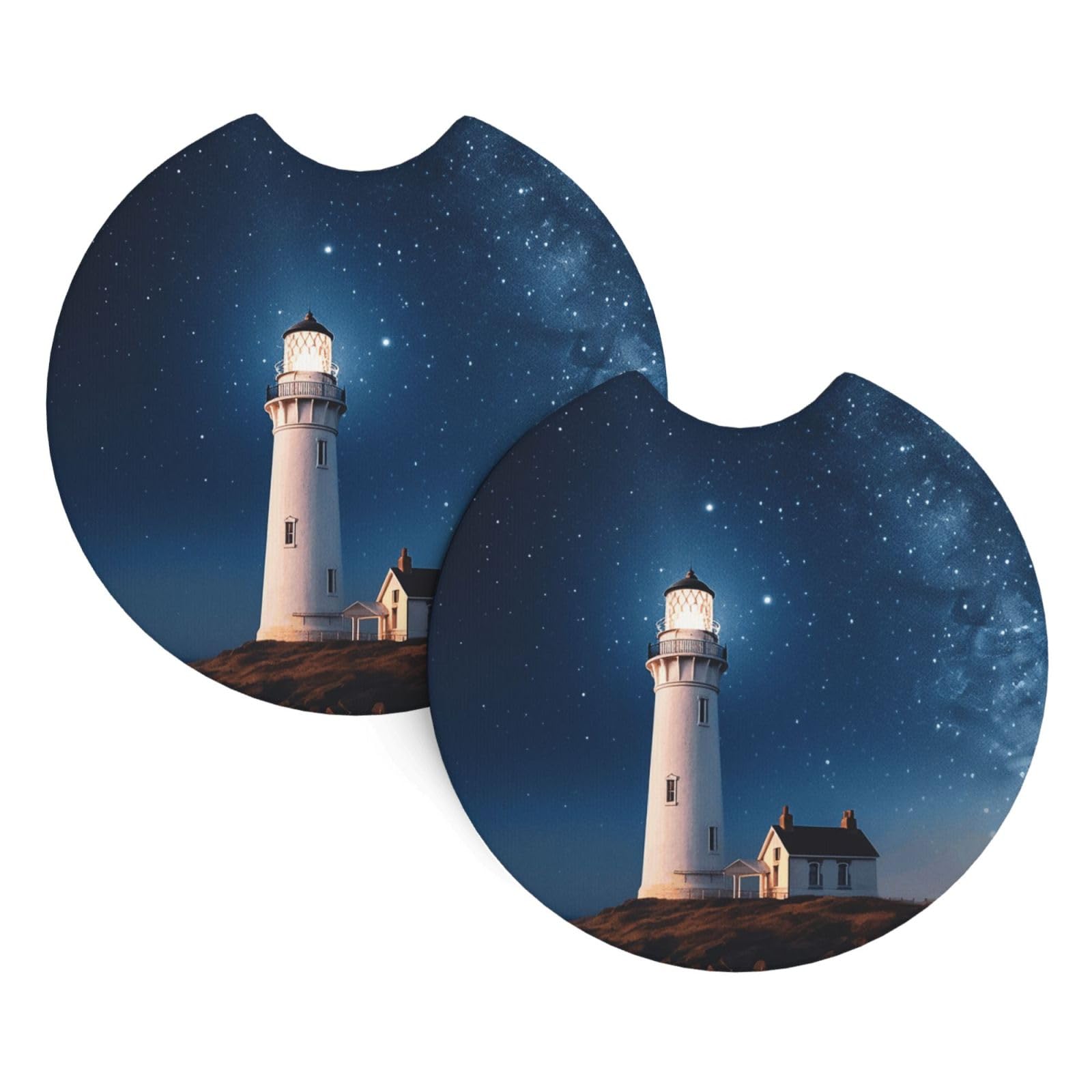 2 Pack Car Coaster for Cup Holders Lighthouse Under Starry Night Sky Car Cup Coaster 2.7" Neoprene Non-Slip Automotive Cup Mat Universal Auto Car Interior Accessories for Women Men Cup Pad